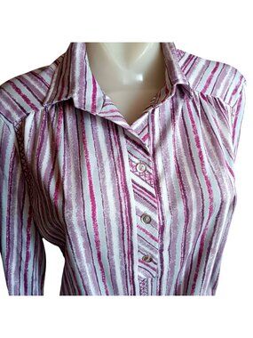 True Vintage Top 10 Medium 1970s Purple Polyester Striped Collared Ko Ko Knits